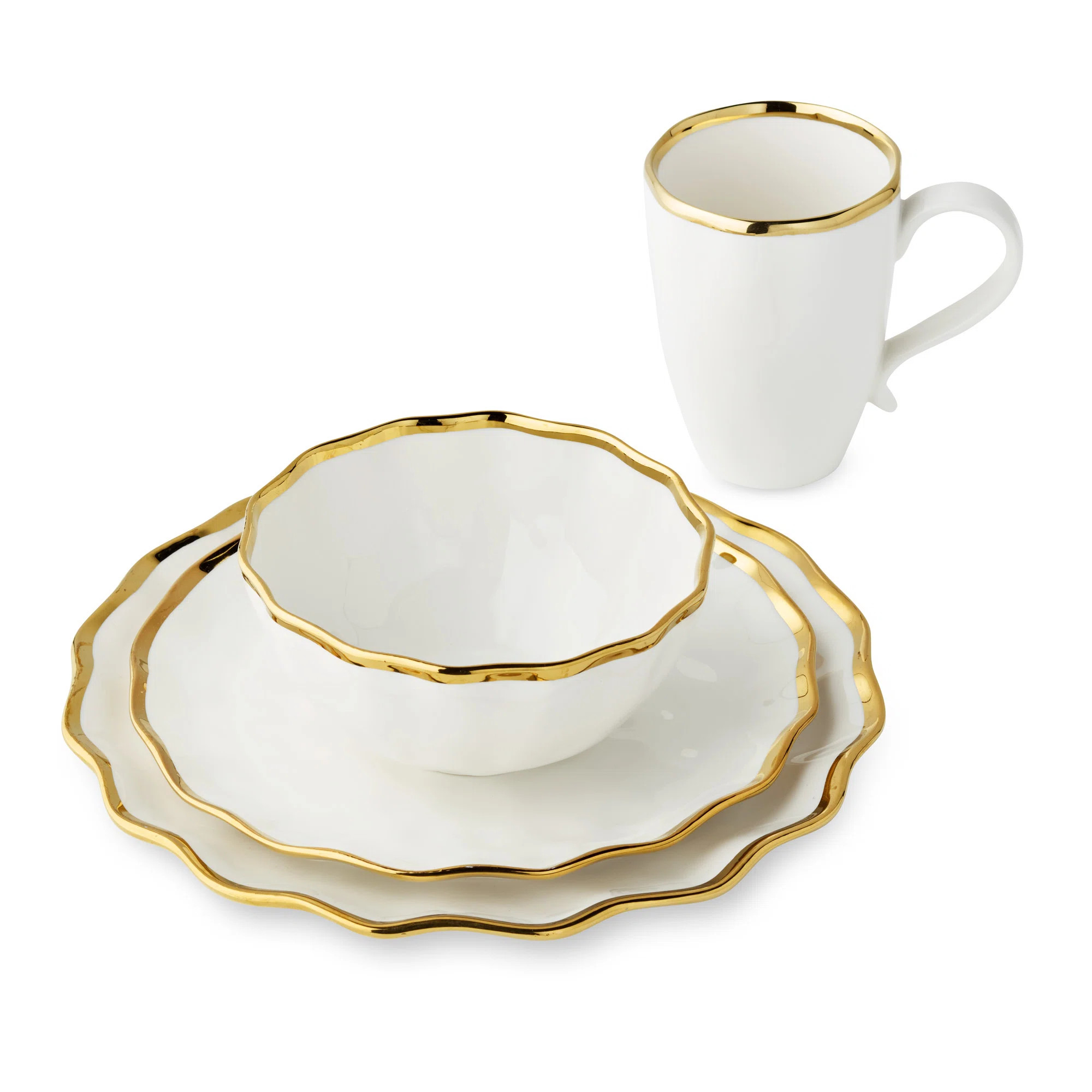 Regency Gold 16-Piece Porcelain Dinnerware Set for 4 – Luxury Gold-Rimmed Plates, Bowls & Mugs ... | Wayfair North America