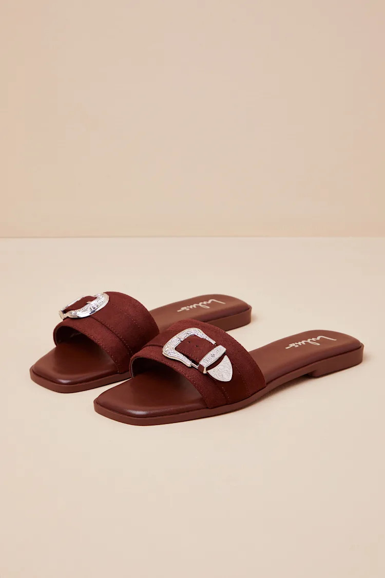 Nyomi Brown Suede Buckle Slide Sandals | Lulus