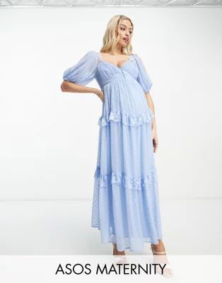 ASOS DESIGN Maternity open back lace insert textured maxi tea dress in light blue | ASOS (Global)