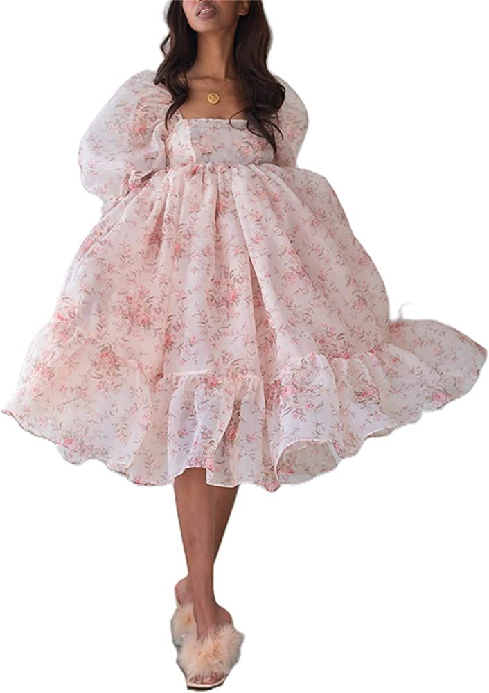 Women French Princess Dress Bubble Sleeve Puff Dress Floral Printing Ruffle Hem Summer Dress Party P | Amazon (US)