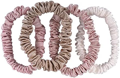 SILKIE x4 Set 100% Pure Mulberry Silk Pink Nude Neutral Skinny Scrunchies Travel Pouch Everyday Hair | Amazon (US)