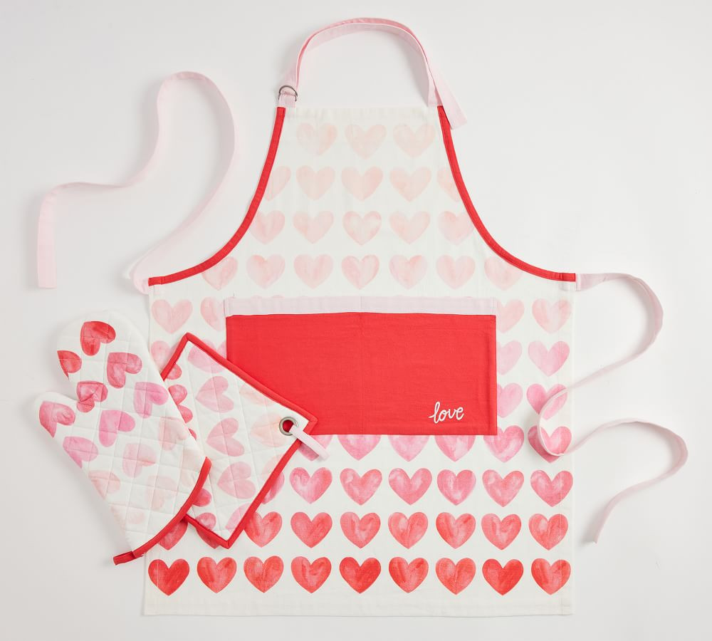 Watercolor Heart Cotton Apron, Oven Mitt, & Pot Holder Set | Pottery Barn (US)