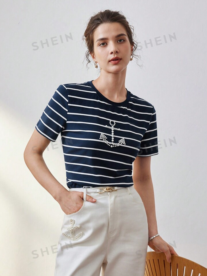 MOTF PREMIUM FAUX PEARL ANCHOR PATTERN STRIPED TEE | SHEIN