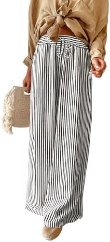 Acelitt Women Casual Drawstring Elastic Waist Striped Wide Leg Pants with Pockets, S-XXL | Amazon (US)