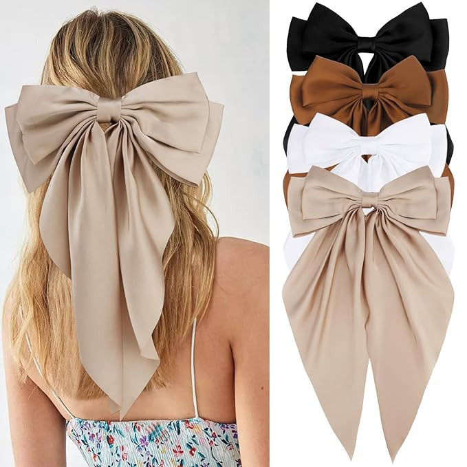 Velscrun Hair Bows for Women Girls 4Pcs White Silky Hair Bow Khaki Satin Large Coquette Bow Brown... | Amazon (US)