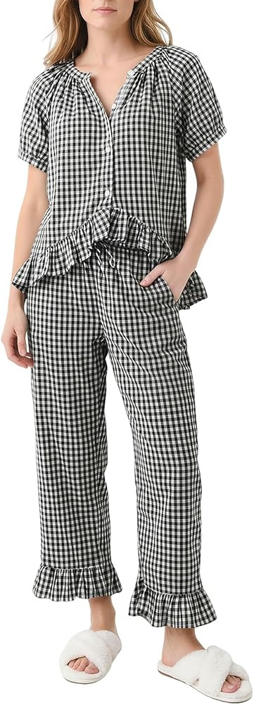 Gihuo Gingham Pajama Set for Women 2 Piece Plaid Cotton Button Down Top and Pants Ruffle Babydoll... | Amazon (US)