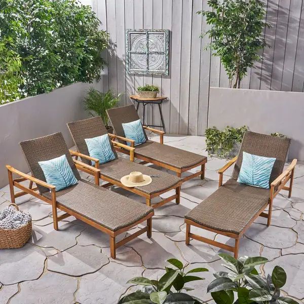Hampton Outdoor Rustic Acacia Wood Chaise Lounge with Wicker Seating (Set of 4) by Christopher Kn... | Bed Bath & Beyond