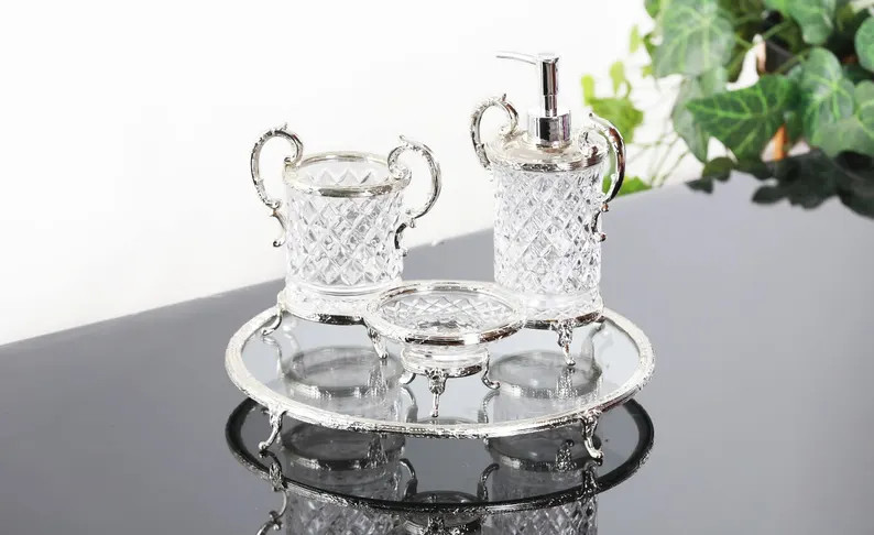 Crystal Bathroom Accessory Set, Silver Vanity Tray, Soap Dispenser, Organizer | Etsy (Global)
