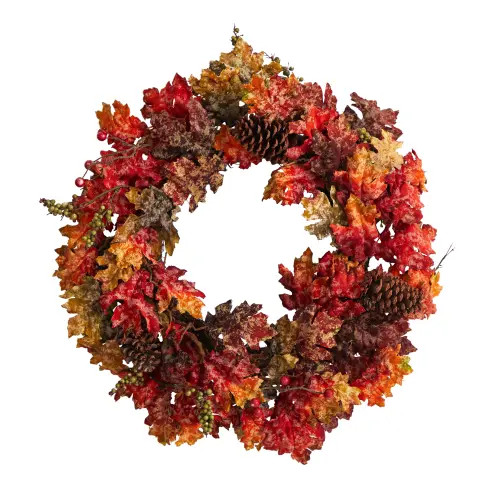 NEARLY NATURAL 24-in Autumn Maple, Berries and Pinecone Fall Artificial Wreath in Orange at Nordstrom | Nordstrom