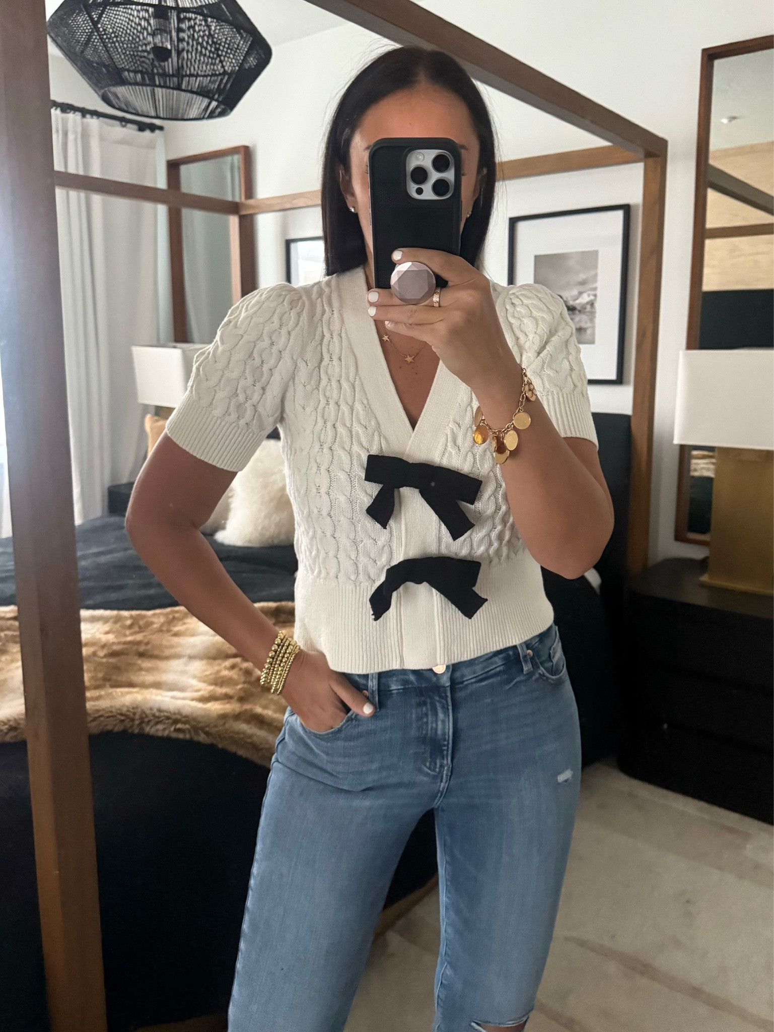 Cable Knit Double Bow Short Sleeve Cardigan. Mid Rise Light Wash FlexX Ripped Raw Hem Skinny Jeans