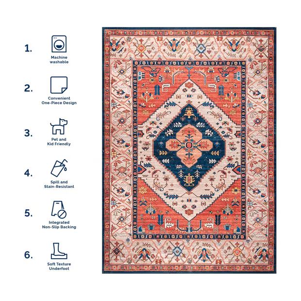 Rust Tribal Medallion Washable Area Rug | Rugs USA