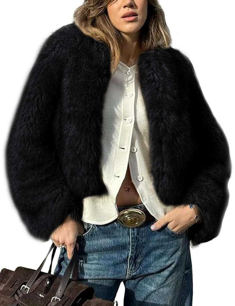 Wyeysyt Womens Faux Fur Cropped Coat Fluffy Faux Fur Jacket Long Sleeve Open Front Winter Warm Ja... | Amazon (US)