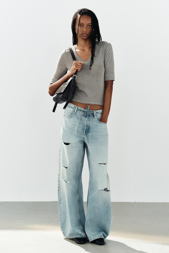 Zara - Trf Mid-Rise Baggy Distressed Belted Jeans - Light Blue - 29 (Us 8) - Woman | Zara US