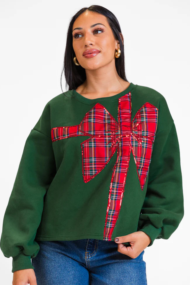 All Tied Up Green Plaid Bow Sweatshirt | Pink Lily