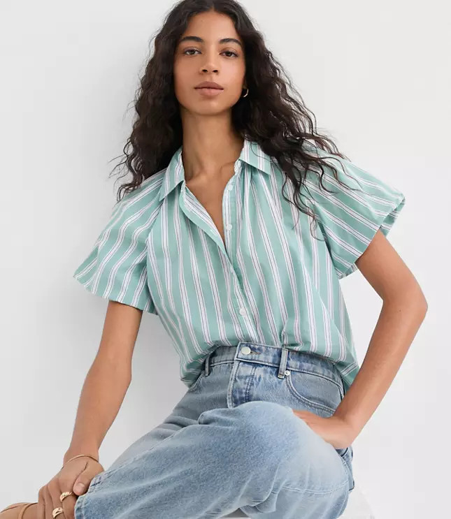 Striped Poplin Bubble Sleeve Shirt | LOFT