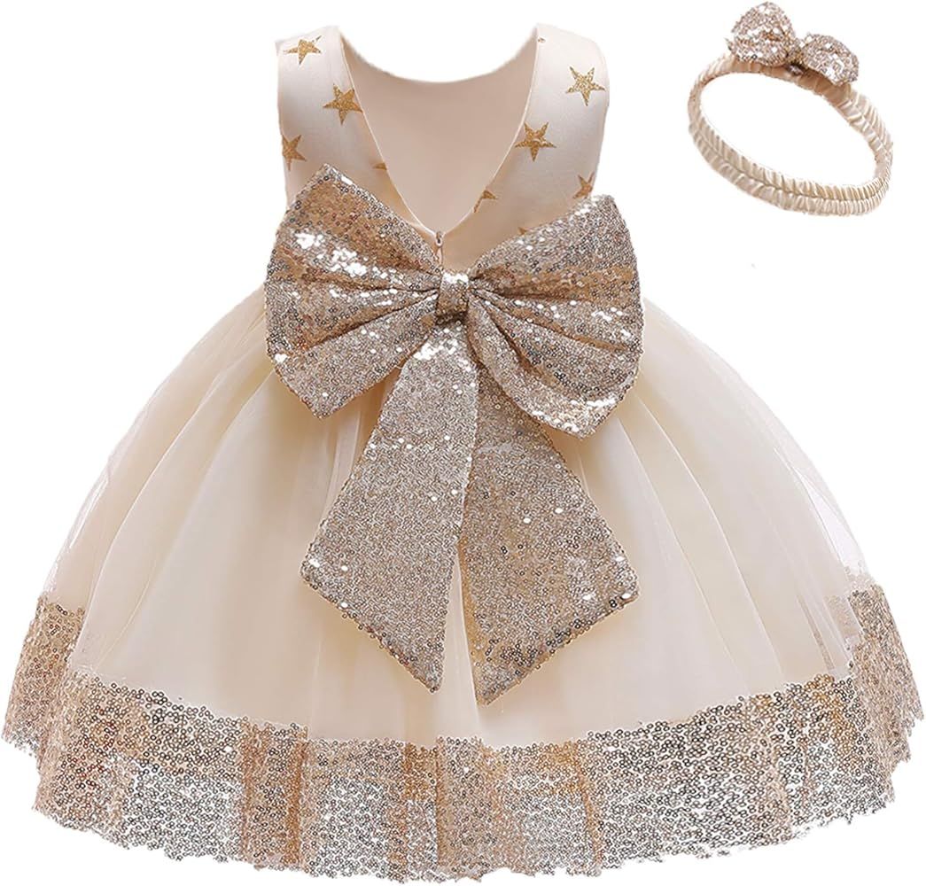 12M-6Y Baby Dress Sequins Bowknot Flower Girls Lace Wedding Pageant Tutu Gown Dresses with Headwe... | Amazon (US)