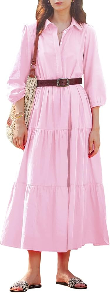 Women Flowy Maxi Dresses Casual V Neck Smocked Tiered Babydoll Sundress Beach Long Skirt with Poc... | Amazon (US)