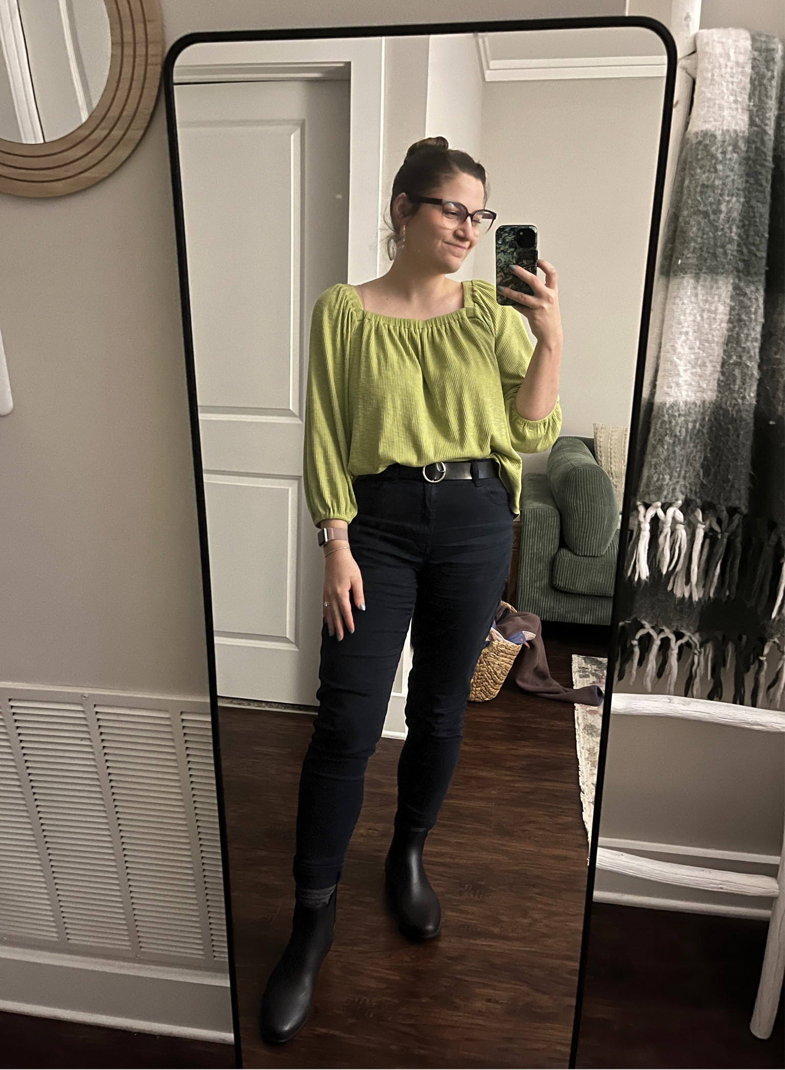 Spring transitional outfit - trending color for 2024 - lime green! | midsize casual style | top: thrifted size L, belt: target (linked!), jeans: thrifted size 12, boots: target size 11 (linked!)

#LTKSpringSale #LTKmidsize