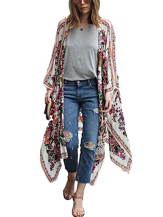 Mixmax Women Flowy Sheer Crop Sleeves Loose Chiffon Kimono Cardigan Blouse Top | Amazon (US)