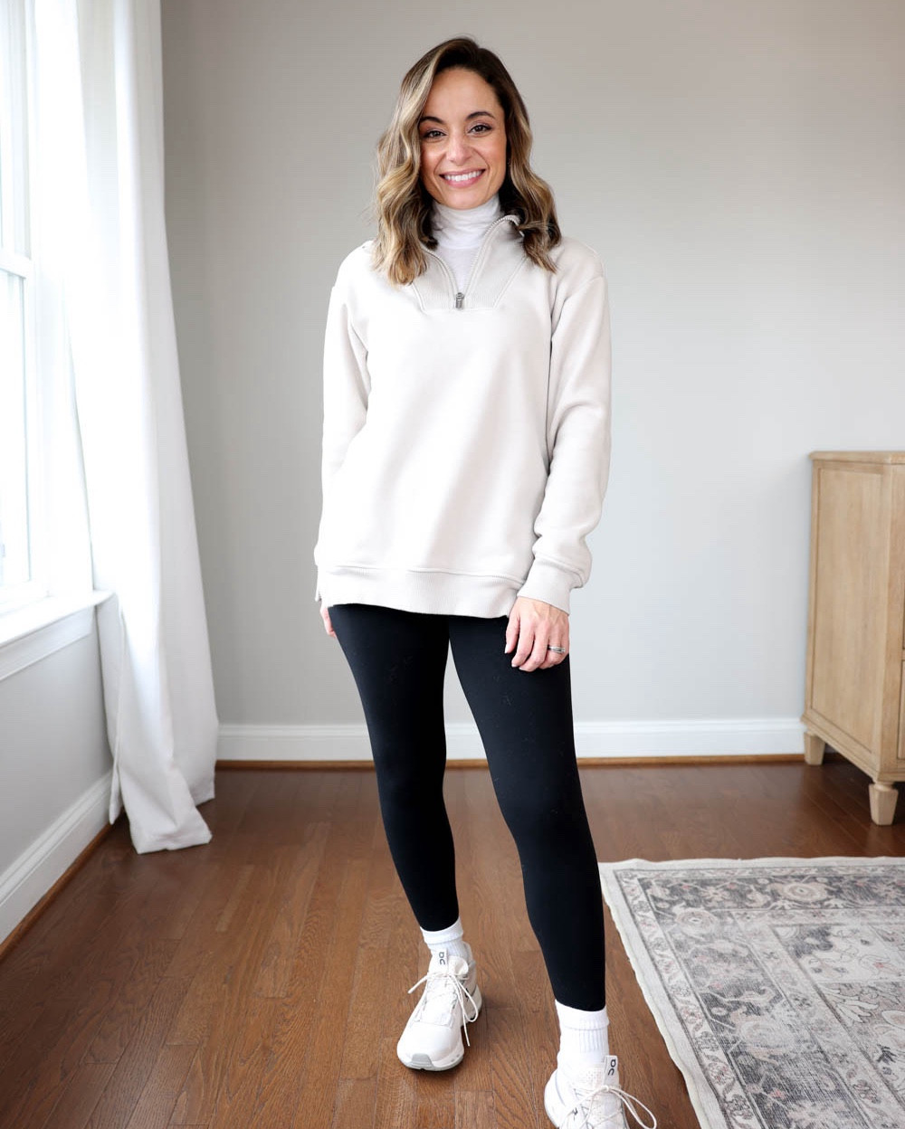 Petite winter outfit ideas with leggings!

Outfit 1:
Aerie Real Me Leggings: xs short 
J.Crew Crepe Turtleneck: xs 
Athleta Cozy Karma Sweatshirt: xxs - size up if you want it to stay oversized, it shrinks 
ON cloudnova sneakers tts in sand/fog
Hue socks from Amazon tts 

Outfit 2:
Cozy Karma Sweatshirt (Athleta): XXS tts 
Salutation Leggings (Athleta): Petite XS spiced cabernet, I sized up for comfortable fit. Light compression, a step above the transcend leggings. 
Sneakers: tts

Outfit 3:
Softluxe Leggings (Athleta): Petite XXS Dovetail Heather
Cozy Karma Twist Sweatshirt (Athleta): XXS Toasted Brown Heather
Aire Puffer Parka (Athleta): Petite XS Feather

My measurements for reference: 4’10” 105lbs bust, waist, hips 32”, 24”, 35” size 5 shoe. 25” inseam measurement to my ankle bone. 

#LTKStyleTip #LTKActive #LTKSeasonal