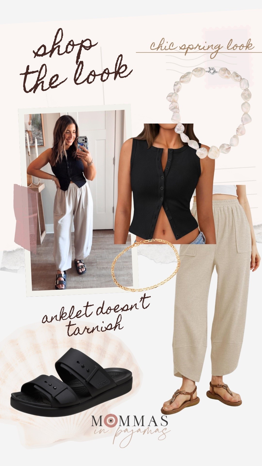 I feel so chic in this adorable black and beige outfit. I am so impressed with these @crocs sandals and this affordable tarnish proof anklet. I love these button down tank tops because they can be adjusted to be super flattering.
Chic spring outfit inspo  

#LTKSeasonal #LTKMidsize #LTKPetite