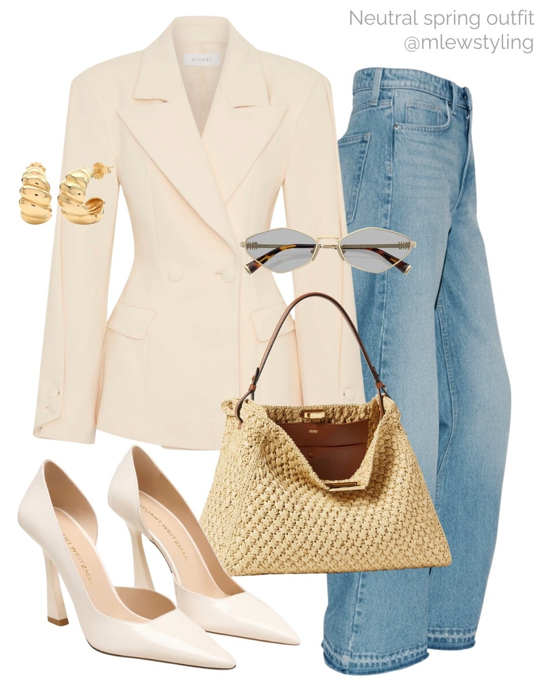 Neutral spring outfit ✨✨

Tags: Meshki fitted blazer, H&M wide leg jeans, raffia bag, Stuart weitzman high heel pumps, Miu Miu sunglasses, neutral aesthetic, capsule wardrobe, elevated outfit, night out look
*exact bag available from Fendi

#LTKMothersDay #LTKgrwm #LTKootd