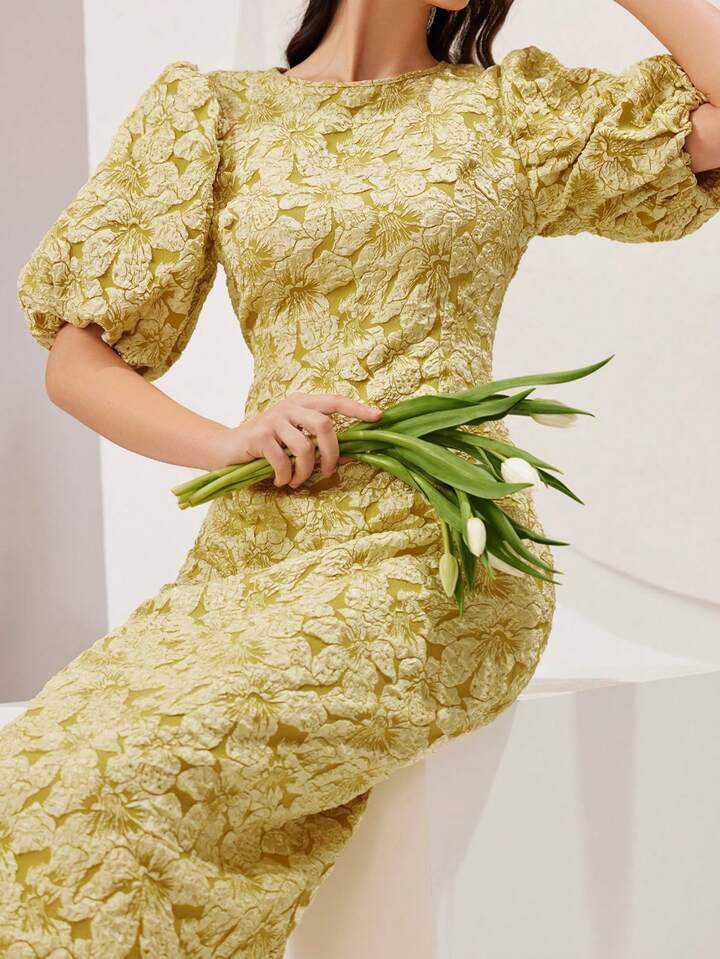 SHEIN Modely Women's Yellow Puff Sleeve Round Neck Dress | SHEIN