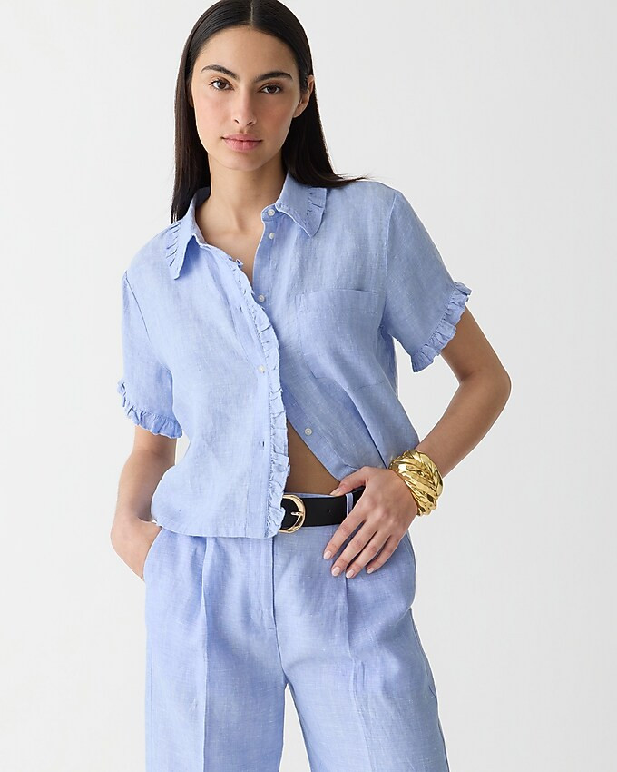 Ruffle-trim button-up shirt in linen | J. Crew US