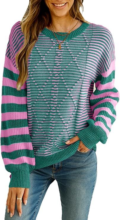 EVALESS Womens Striped Sweaters Fall Winter 2024 Trendy Fashion Cable Knit Pullover Sweater | Amazon (US)