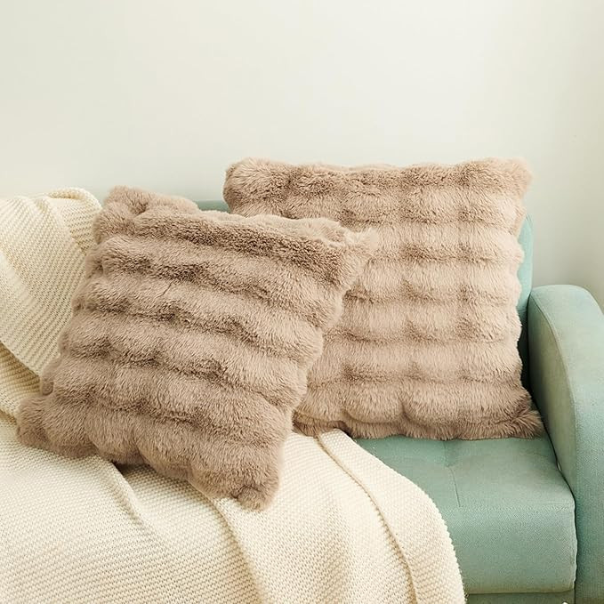 HYSEAS Faux Rabbit Fur Throw Pillow Covers 18" x 18", Taupe, Set of 2 Soft Comfortable Fluffy Coz... | Amazon (US)