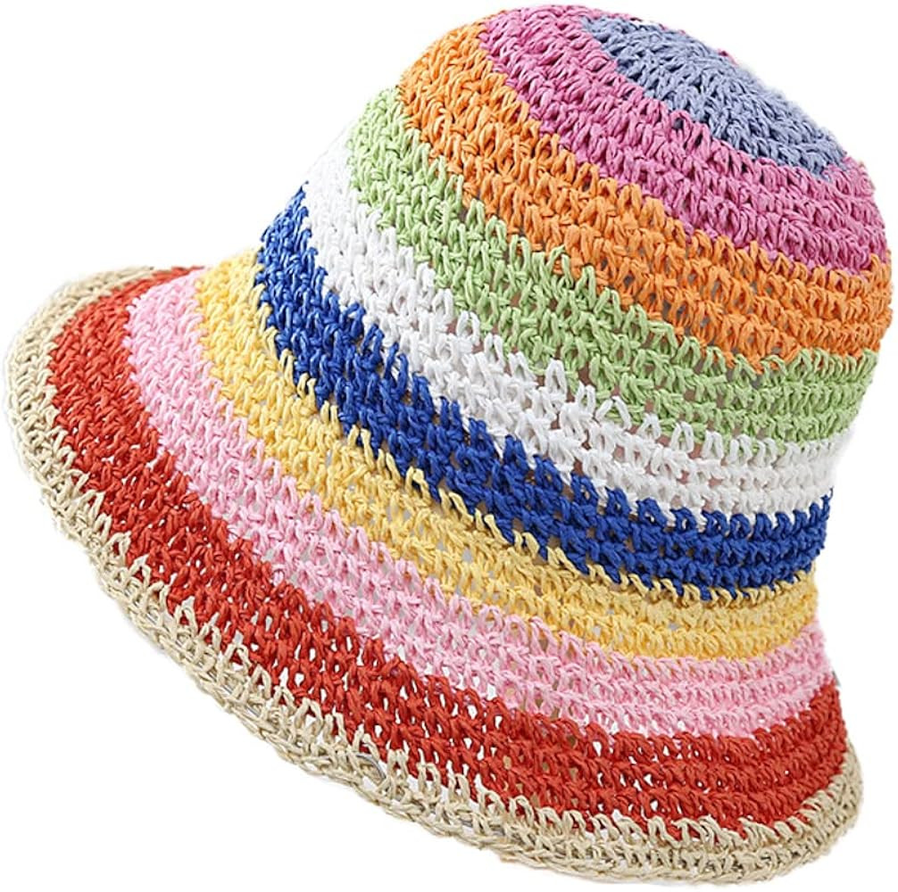Wide Brim Colorful Crochet Straw Hat Sun Hat Seaside Sun Protection Hat Summer Braided Bucket Hat... | Amazon (US)