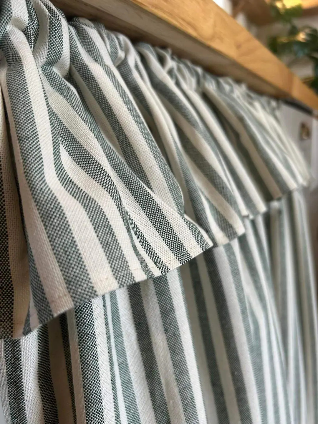 Green and Natural Stripe With Ruffle, Kitchen Curtain, Washing Machine Cover, Sink Skirt, Cafe - ... | Etsy (US)