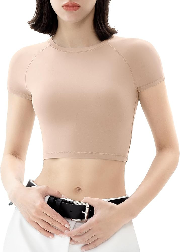 PUMIEY Women's Short Sleeve Crop Tops Crew Neck T Shirt Sexy Tee Smoke Cloud Collection | Amazon (US)