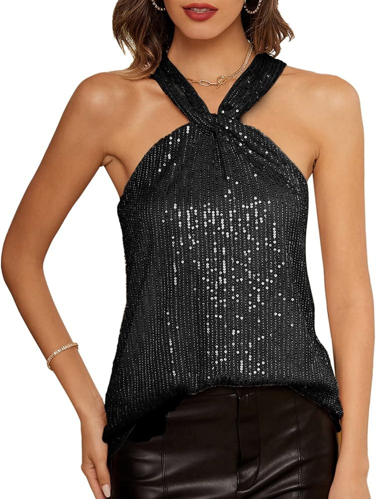 GRACE KARIN Women's Sequin Sparkle Halter Tank Tops Keyhole Knot Neck Slim Fit Cocktail Top | Amazon (CA)