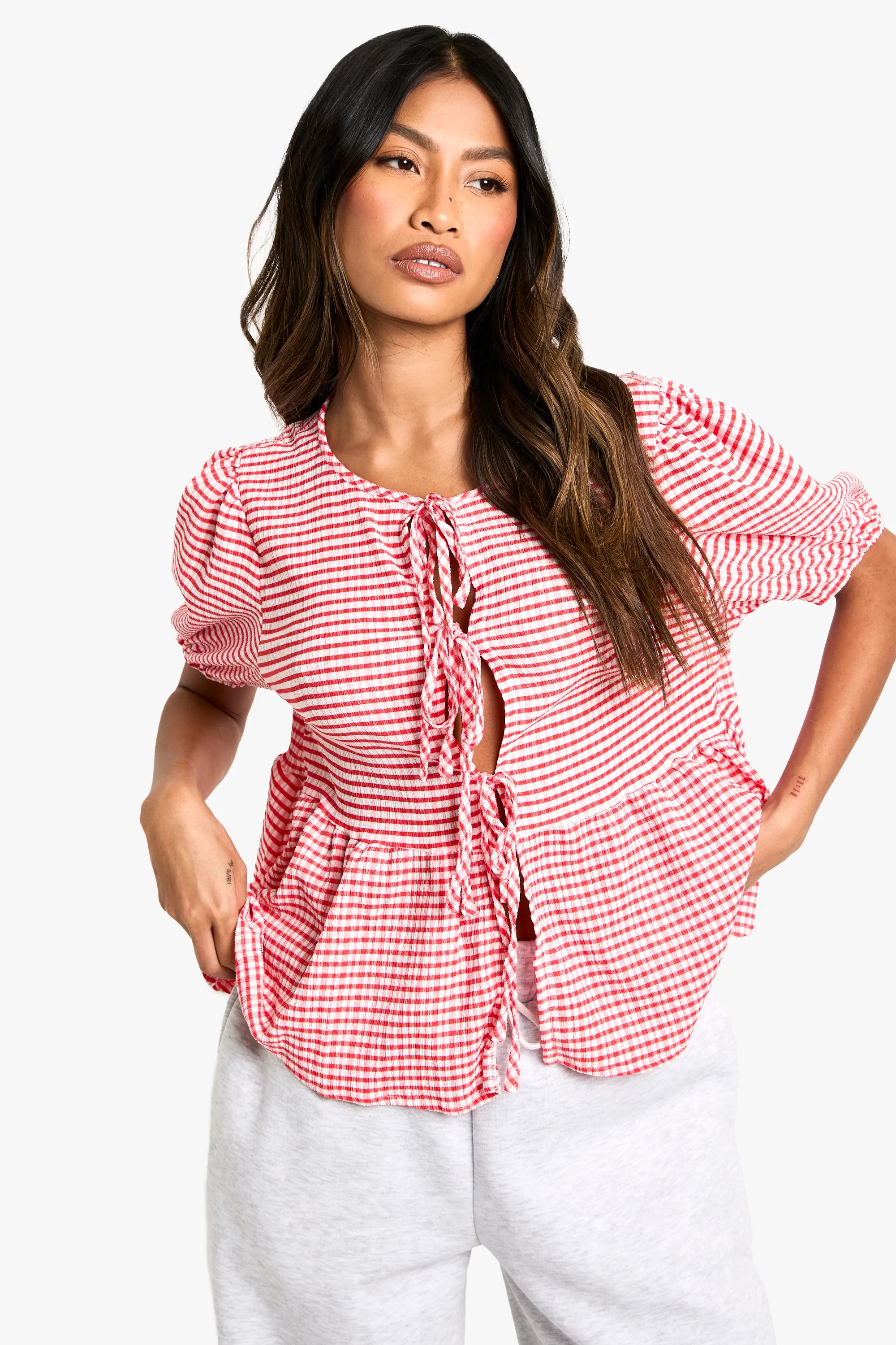 Gingham Tie Front Puff Sleeve Smock Top | boohoo (US & Canada)