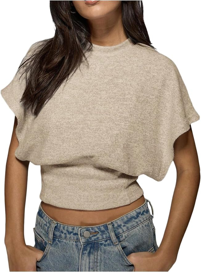 BEAUDRM Women's Casual Cinched Waist Tops Cap Sleeve Wrap Top Dolman Sleeve Cropped Spring Summer... | Amazon (US)