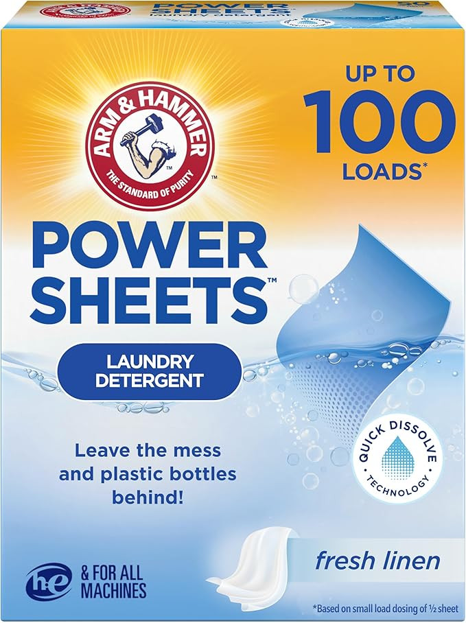 Arm & Hammer Power Sheets Laundry Detergent, Fresh Linen 50ct, up to 100 Small Loads (Packaging m... | Amazon (US)