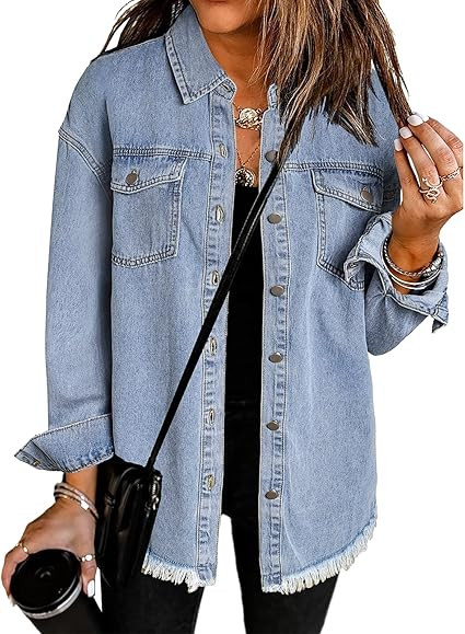 Vetinee Women’s Oversized Button Up Frayed Hem Shacket Long Sleeve Pockets Denim Jean Jacket | Amazon (US)
