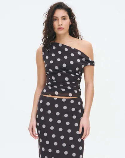 Polka Off Shoulder Ruched Top in Fudge Sarah Polkadot | Glassons | Glassons (Australia)