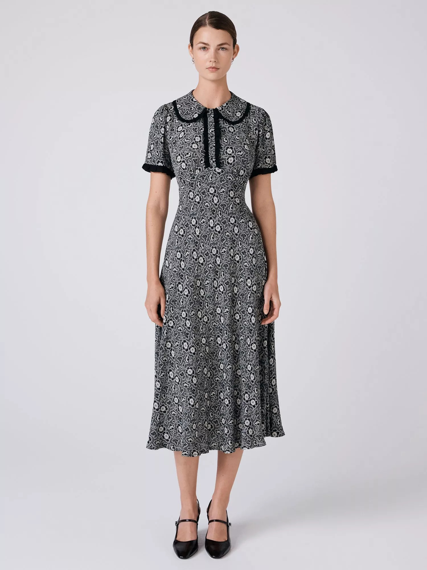 Ghost Taylor Floral Midi Dress, Black | John Lewis (UK)