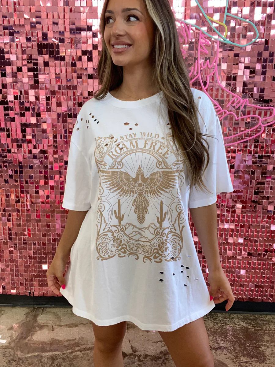 Stay Wild Roam Free Distressed Graphic Tee- White/ Tan | Willow Boutique
