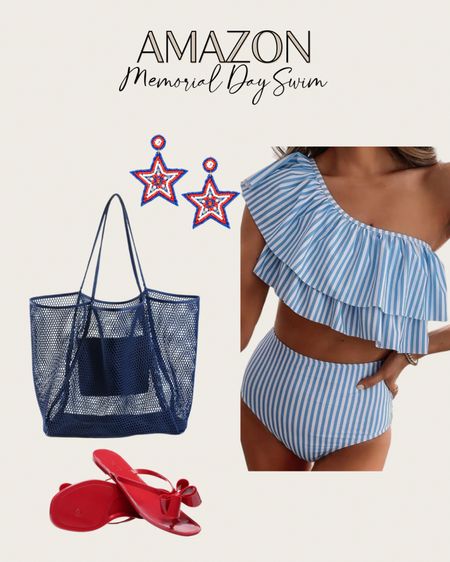 Memorial Day Swim! 🇺🇸🩵
Quick ship! Striped bikini, love the one shoulder & ruffles!! Red white & blue earrings perfect pop with the red sandals! Mesh beach/pool bag essential for carrying your items! 🫶🏻

#LTKSeasonal #LTKSwim #LTKTravel