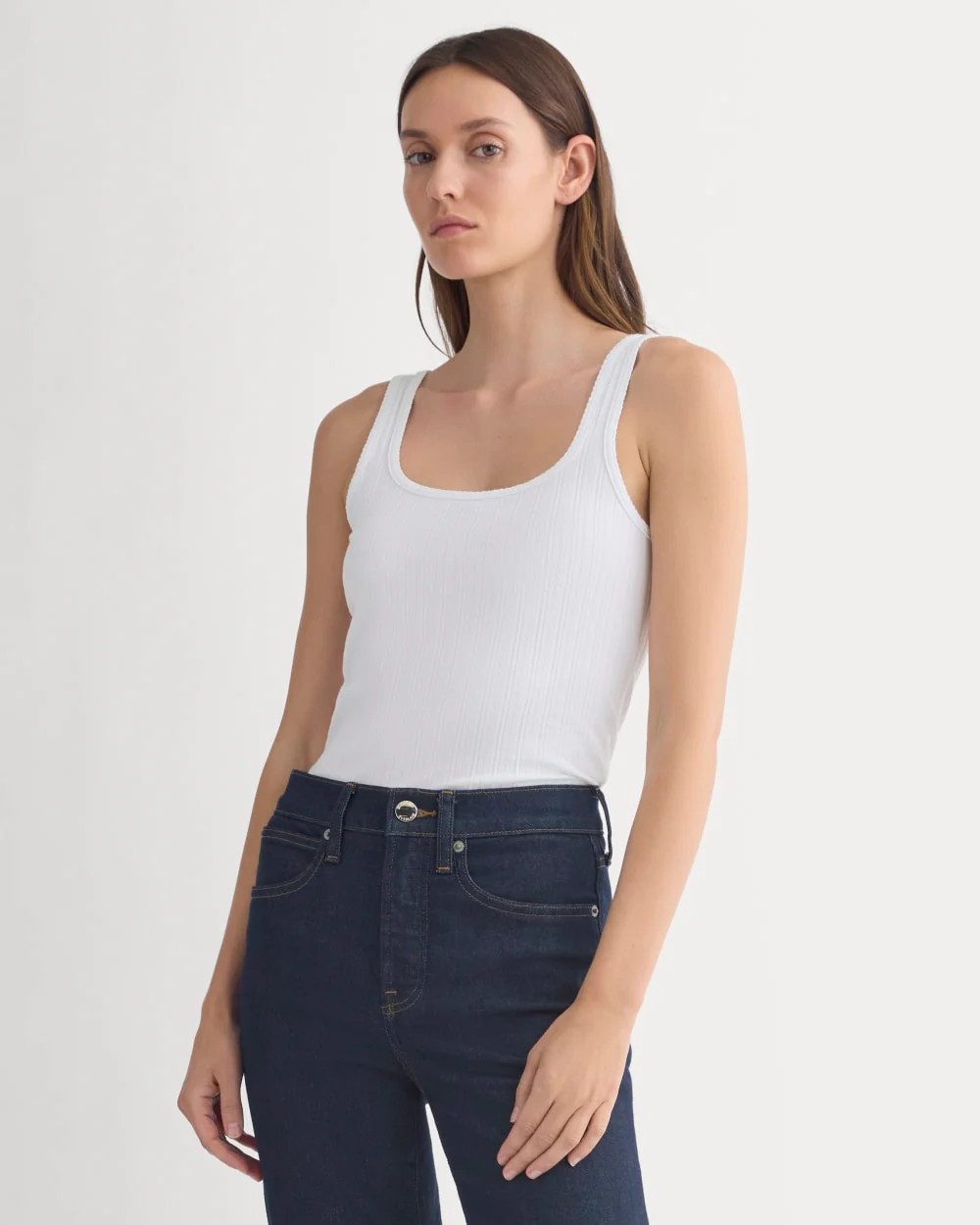 Everlane Scoop-Neck Tank Top in Pointelle In White, Size XXL, Cotton/Leather | Everlane