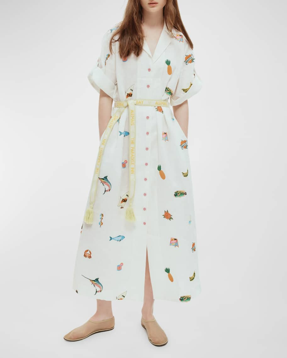 ALEMAIS x Alan Berry Rhys Blue Marlin Embroidered Shirtdress with Belt | Neiman Marcus