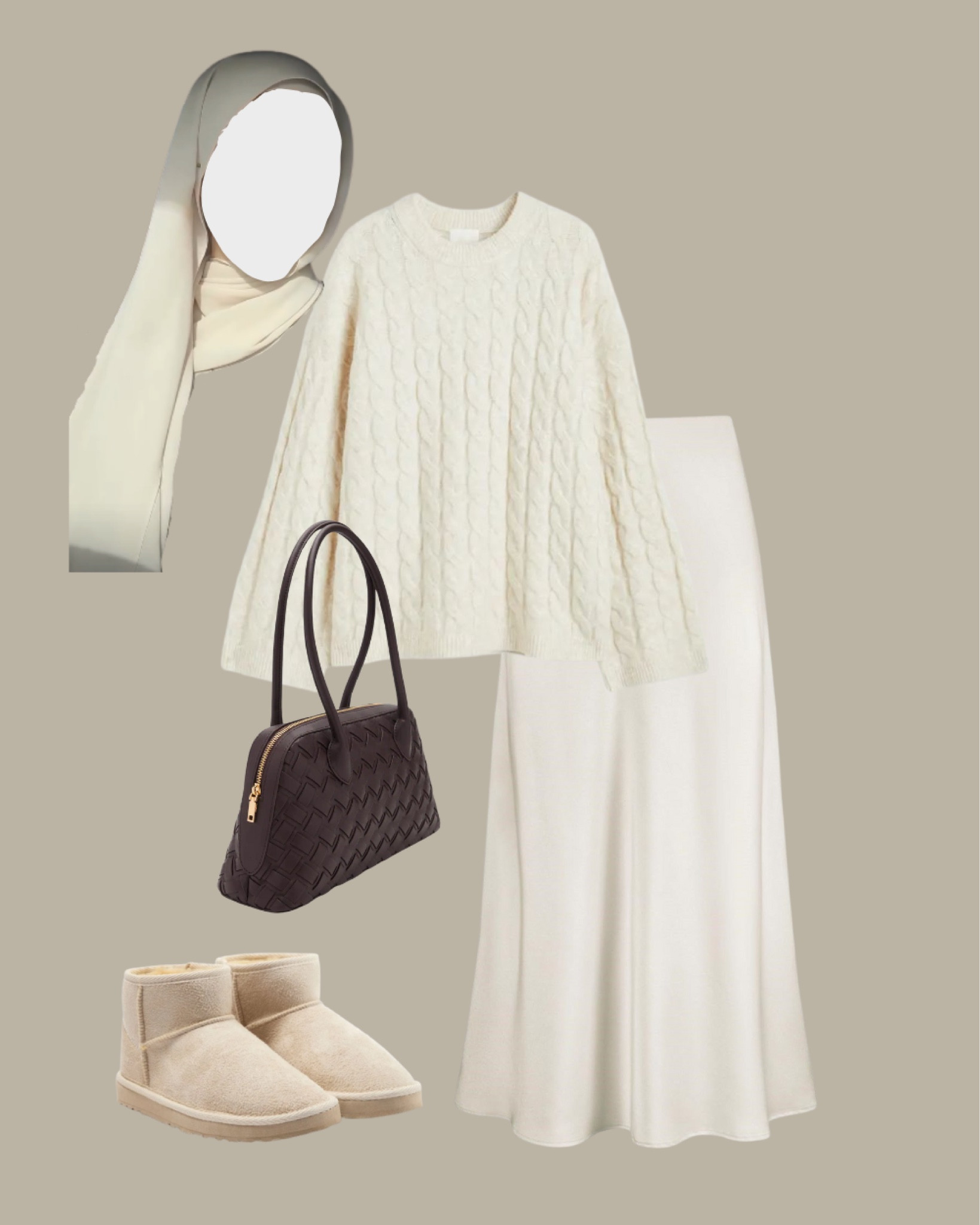 Cozy fuzzy fashion ideas with cable knit sweater and maxi slip skirt. Fall winter hijab outfits.