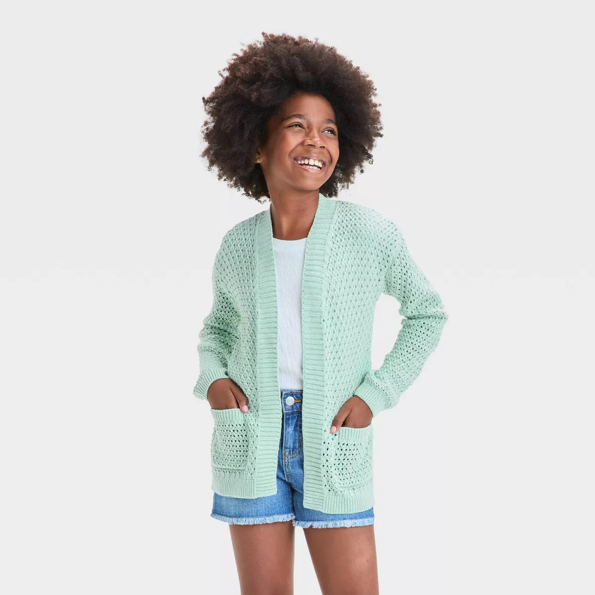 Girls' Open Cardigan - Cat & Jack™ Pale Green L | Target
