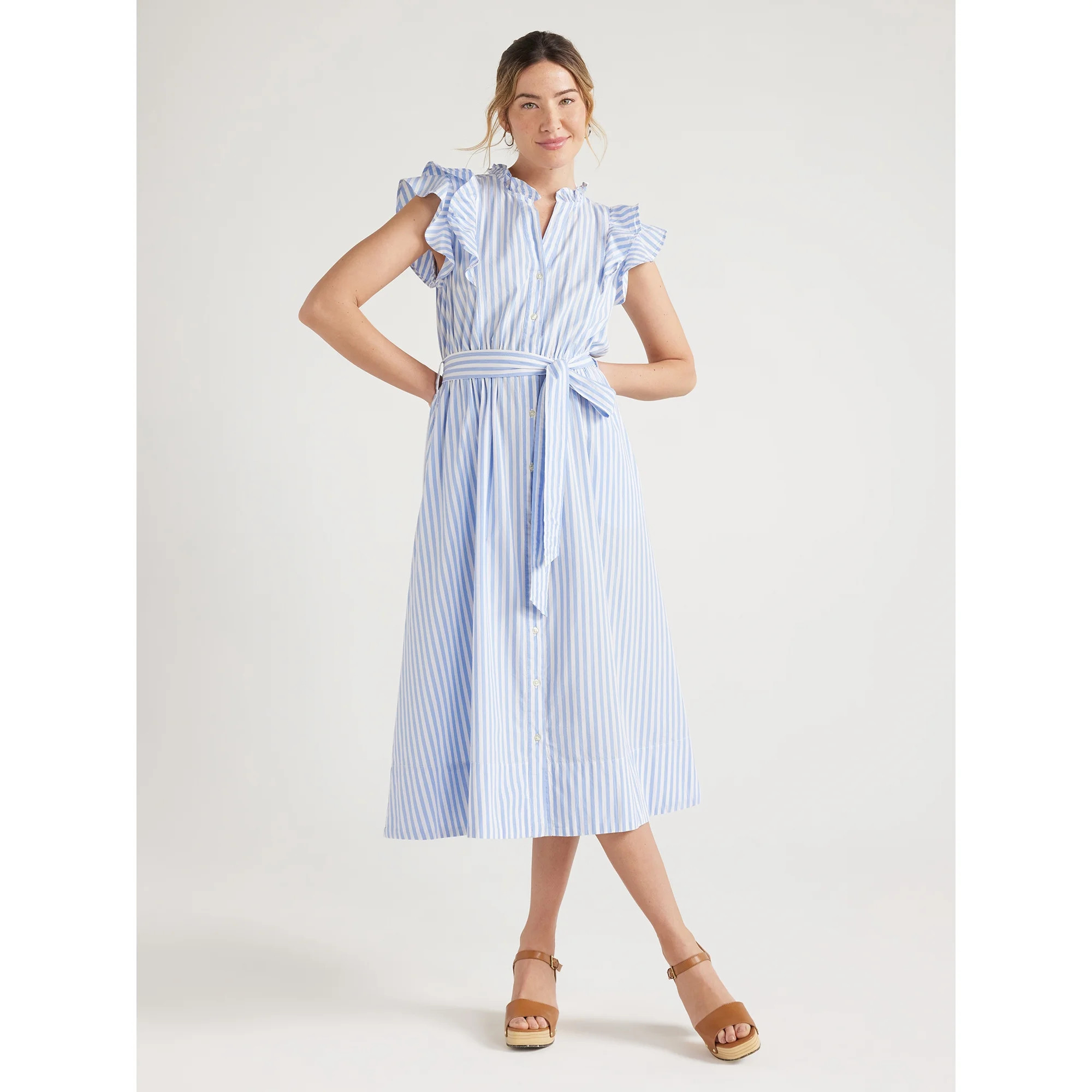 Free Assembly Women's Cotton Ruffle Neck Maxi Shirtdress, Sizes XS-XXL - Walmart.com | Walmart (US)