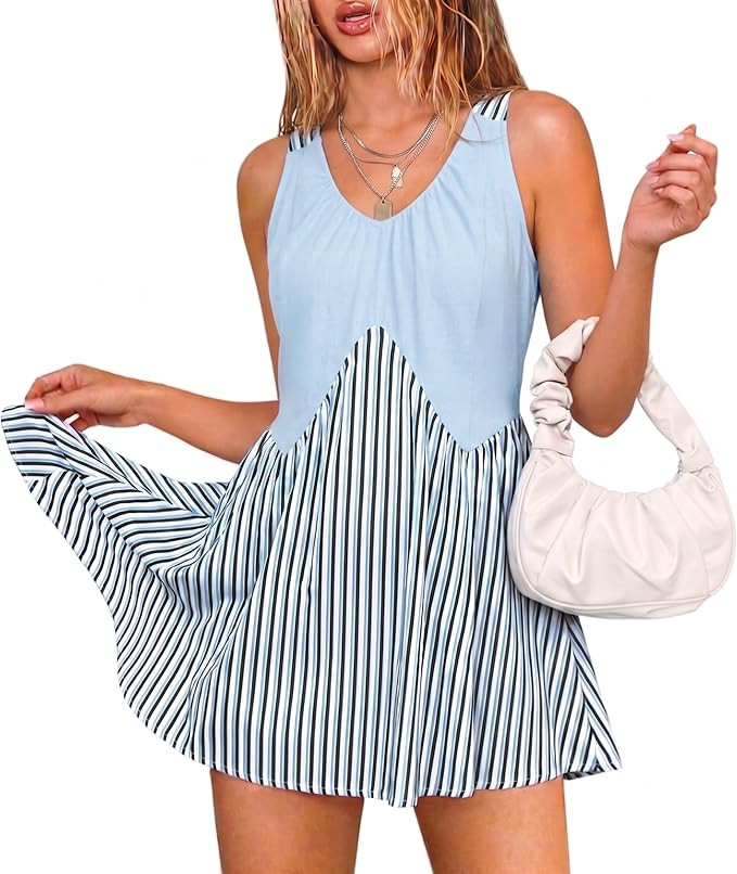 Angashion Summer Dress for Women Sleeveless V Neck Mini Dresses Flowy Casual Loose Sundress with ... | Amazon (US)
