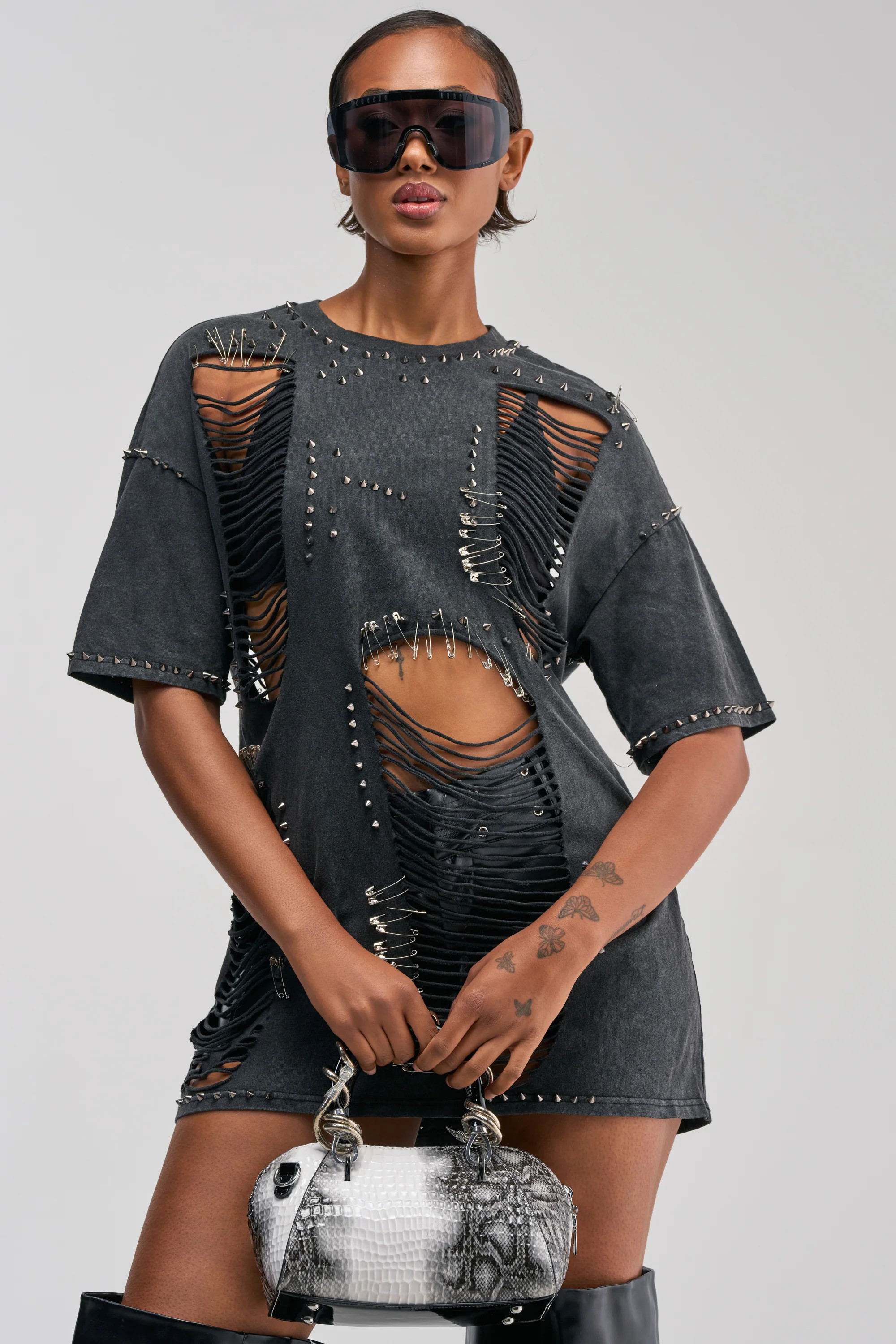 Black Studded Distressed Tee, Oversized Fit | AKIRA | AKIRA