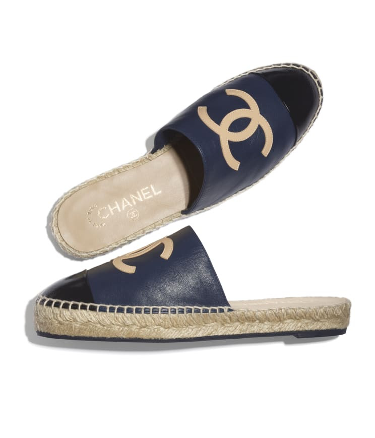 Lambskin & Shiny Calfskin Navy Blue, Beige & Black Espadrilles | CHANEL | Chanel, Inc. (US)